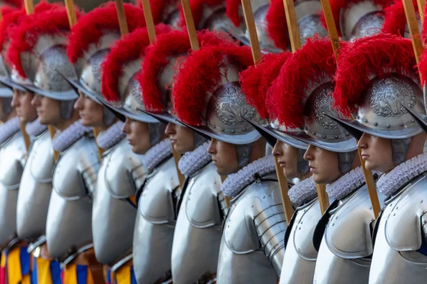 Swiss Guards stand at attention during a swearing-in ceremony at the Vatican, Saturday, Oct. 4, 2025. Credit: Daniel Ibáñez/CNA