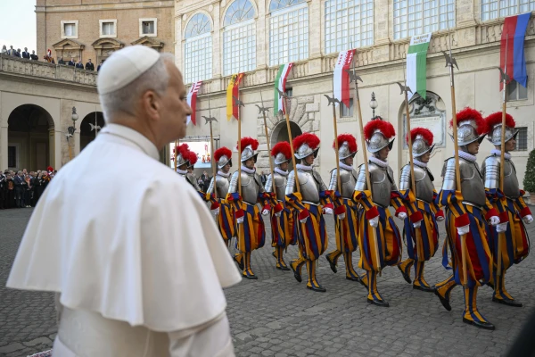 Pope Leo XIV observes the Swiss Guard during a swearing-in ceremony at the Vatican, Saturday, Oct. 4, 2025. Credit: Vatican Media