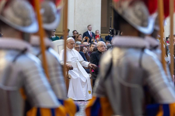 Pope Leo XIV observes the Swiss Guard during a swearing-in ceremony at the Vatican, Saturday, Oct. 4, 2025. Credit: Daniel Ibáñez/CNA