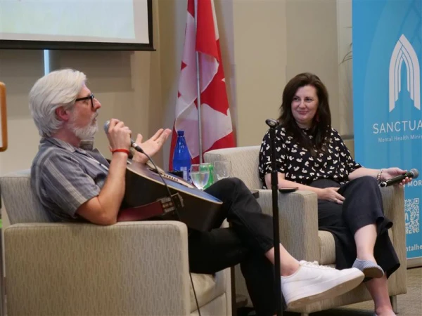 Matt Maher and Bryana Russell (Sanctuary’s director of engagement and interim director of development) speak about Sanctuary, mental health, and faith at an event hosted at the Archdiocese of Vancouver on July 21, 2025. Credit: Nicholas Elbers/The BC Catholic