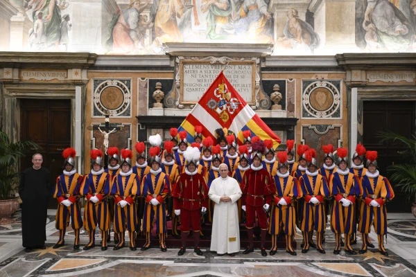Pope Leo XIV meets the Swiss Guards' 27 new recruits and their families at the Apostolic Palace on Oct. 3, 2025, ahead of the Oct. 4 swearing-in ceremony. Credit: Vatican Media
