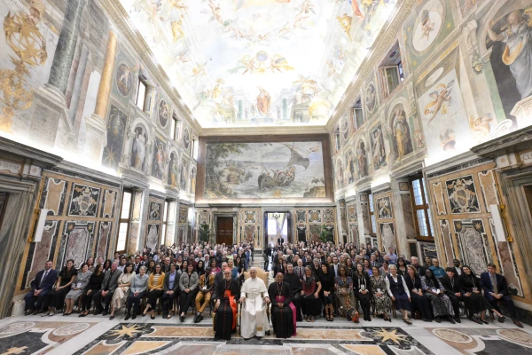Pope Leo XIV meets with participants attending the Oct. 1-3 Migrants and Refugees in Our Common Home summit in Rome on Thursday, Oct. 2, 2025. Credit: Vatican Media