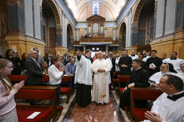 Pope Leo XIV joins the Australian community for evening prayer at Domus Australia Catholic Chapel in Rome on Oct. 6, 2025. Credit: Vatican Media