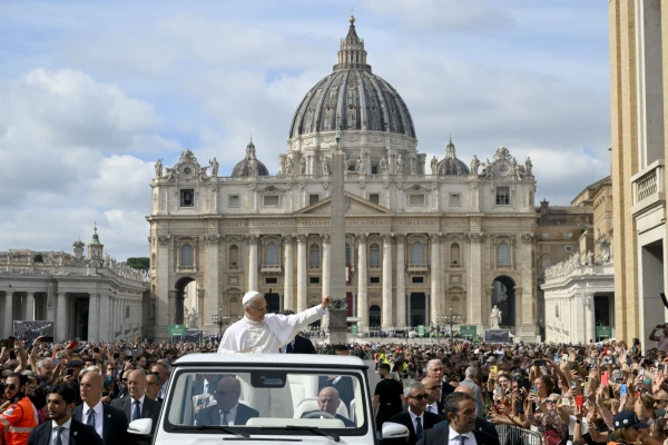Pope Leo XIV waves at the large crowds in St. Peter's Square in Oct. 12, 2025, where 30,000 pilgrims gathered in Rome for the Jubilee of Marian Spiritualities, and thousands more people packed into neighboring streets outside the Vatican for the liturgical celebration. Credit: Vatican Media