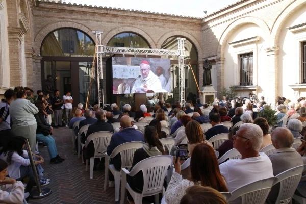 Crowds watch the Mass in honor of St. Carlo Acutis on the saint’s feast day, Oct. 12, 2025, at the Church of Santa Maria Maggiore in Assisi, Italy. Credit: Diocese of Assisi