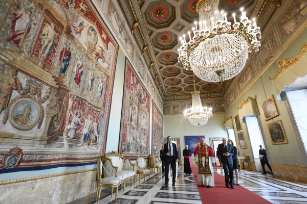 Pope Leo XIV walks down a hall of the Quirinal Palace, the residence of Italian President Sergio Mattarella, during the pontiff's first state visit to Italy on Oct. 14, 2025. Credit: Vatican Media