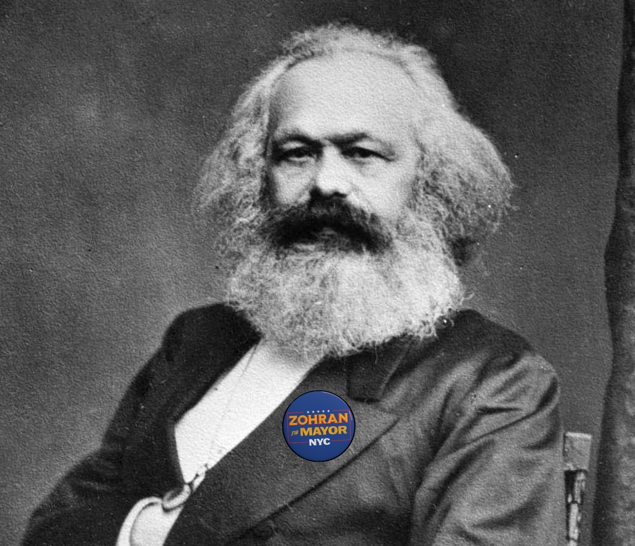 Historical figure with 'Zohran for Mayor' button