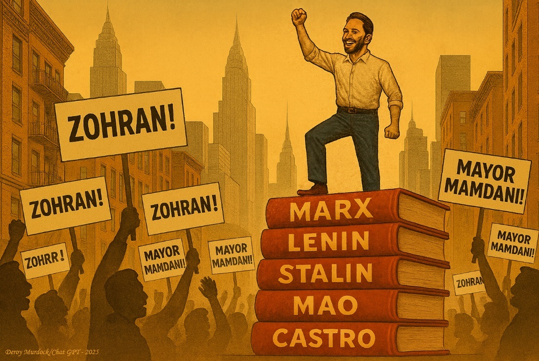 Man stands on books, crowd cheers with signs.