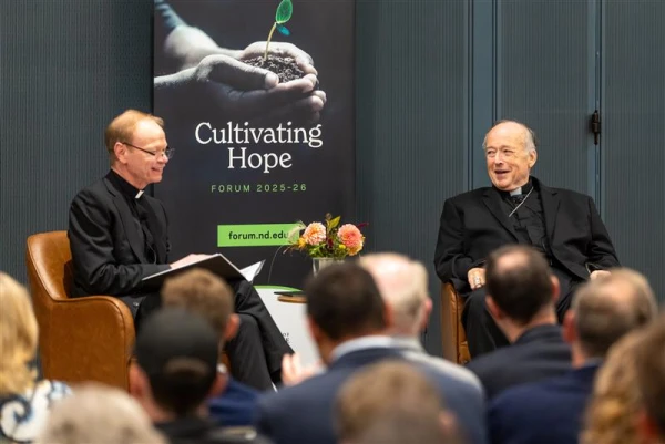 Cardinal Robert McElroy of the Archdiocese of Washington, D.C. (right) speaks with University of Notre Dame President Rev. Robert A. Dowd, C.S.C. (left) at Notre Dame Forum event on ‘Healing Our National Dialogue and Political Life’ on Oct. 17, 2025. Credit: Courtesy of Michael Caterina/University of Notre Dame
