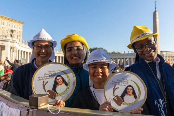 Religious sisters celebration the canonization of Saint Maria Troncatti, an Italian Salesian sister, who spent nearly five decades as a missionary in Ecuador’s Amazon rainforest, at the canonization Mass in St. Peter's Square on Oct. 19, 2025. Daniel Ibáñez/EWTN