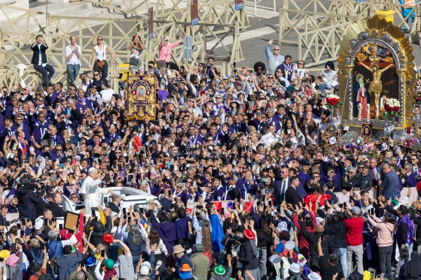 Pope Leo XIV greets the crowd in the popemobile, including pilgrims who carried an image of Señor de los Milagros in procession into St. Peter's Square before the canonization Mass on Oct. 19, 2025. Daniel Ibáñez/EWTN