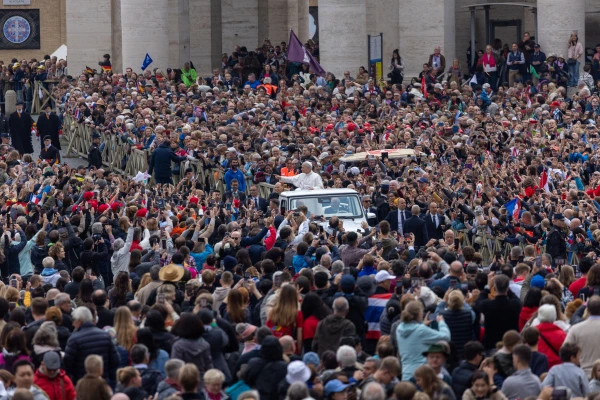 Pope Leo XIV greets pilgrims from the popemobile during his general audience in St. Peter's Square at the Vatican on Wednesday, Oct. 22, 2025. Credit: Daniel Ibáñez/CNA