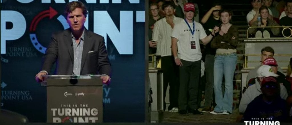 Tucker Carlson schools TPUSA event questioner who suggests Trump poop meme threatens free speech