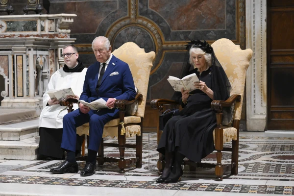 King Charles III and Queen Camilla pray in the Sistine Chapel alongside Pope Leo XIV at the Vatican, Thursday, Oct. 23, 2025. Credit: Vatican Media