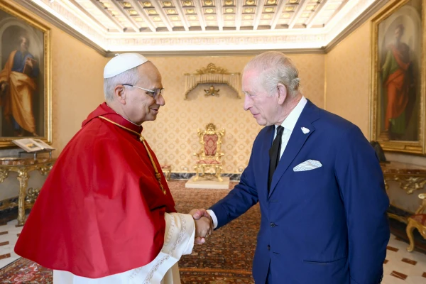 Pope Leo XIV greets King Charles III at the Vatican, Thursday, Oct. 23, 2025. Credit: Vatican Media