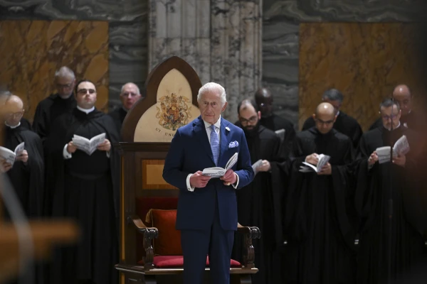 King Charles III prays with Pope Leo XIV in the Sistine Chapel during a historic meeting at the Vatican on Thursday, Oct. 23, 2025. Credit: Vatican Media