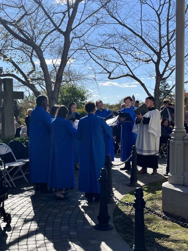 A choir from the Cathedral of the Sacred Heart performs during the reinterment of Eliza Monroe Hay at Hollywood Cemetery in Richmond, Virginia, on Thursday, Oct. 23, 2025. Credit: Daniel Payne/CNA