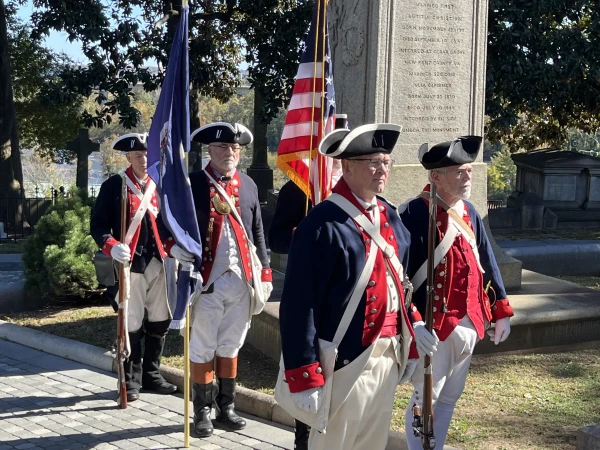 A color guard stands at attention during the reinterment of Eliza Monroe Hay at Hollywood Cemetery in Richmond, Virginia, on Thursday, Oct. 23, 2025. Credit: Daniel Payne/CNA