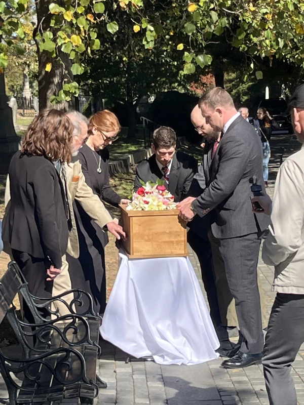 Pallbearers prepare the casket of Eliza Monroe Hay during her reinterment at Hollywood Cemetery in Richmond, Virginia, on Thursday, Oct. 23, 2025. Credit: Daniel Payne/CNA