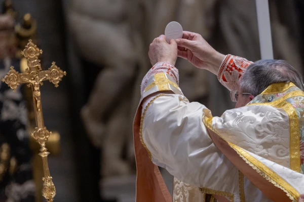 Cardinal Raymond Leo Burke elevates a host at a Pontifical Mass in the Extraordinary Form of the Roman Rite at the Papal Basilica of Saint Peter, the Vatican, Saturday, Oct. 25, 2025. Credit: Daniel Ibáñez/CNA