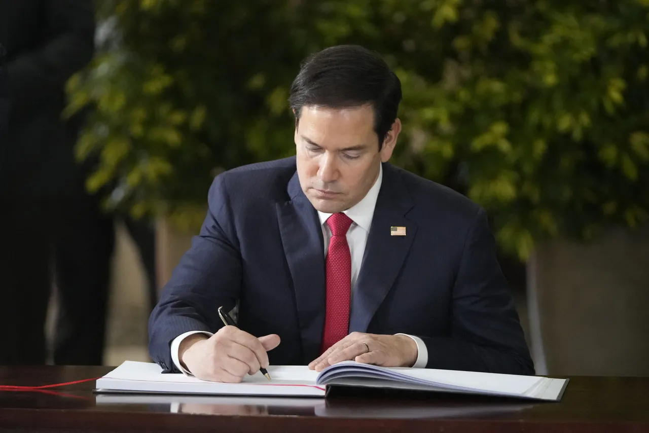 US Secretary of State Marco Rubio signs the guest book at the presidential palace in San Jose, Costa Rica on February 4, 2025. (Photo by MARK SCHIEFELBEIN/POOL/AFP via Getty Images)