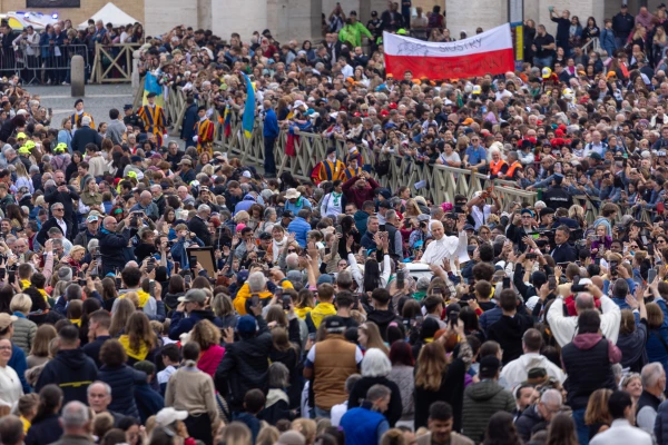 Pope Leo XIV greets pilgrims in St. Peter's Square from the popemobile at the general audience on Oct. 29, 2025. Daniel Ibáñez/EWTN