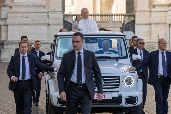 Pope Leo XIV greets pilgrims in St. Peter's Square from the popemobile at the general audience on Oct. 29, 2025. Daniel Ibáñez/EWTN