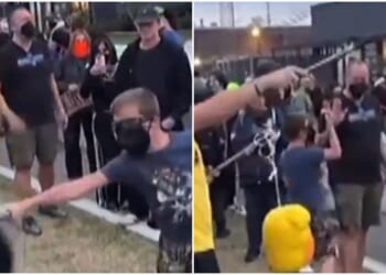 Adults encourage young children to stab and beat effigy of President Trump at No Kings rally