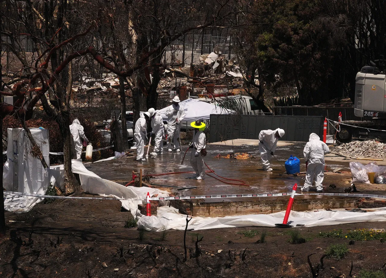 In an aerial view, workers clear aout a property in a neighborhood destroyed by the Palisades Fire on May 07, 2025.(Photo by Justin Sullivan/Getty Images)
