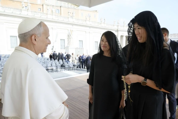 Teresa (left) and Claire Lai greet Pope Leo XIV after the general audience in St. Peter's Square at the Vatican, Wednesday, Oct. 15, 2025. Credit: Vatican Media