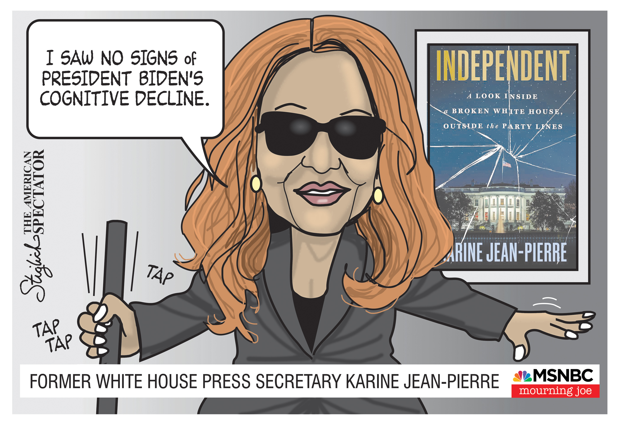 Cartoon of woman with speech bubble about Biden.