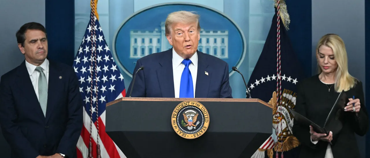 US President Donald Trump speaks alongside Attorney General Pam Bondi (R) and Deputy Attorney General Todd Blanche during a news conference in the Brady Briefing Room of the White House on June 27, 2025, in Washington, DC. (Photo by ANDREW CABALLERO-REYNOLDS/AFP via Getty Images)