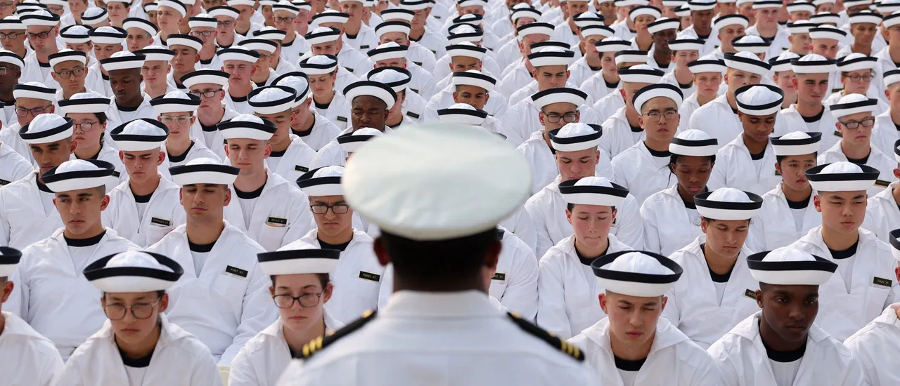 Incoming plebes (freshmen) take part in their Oath of Office Ceremony during Induction Day at the U.S. Naval Academy on June 29, 2023 in Annapolis, Maryland. Approximately 1,200 midshipmen with the Naval Academy's Class of 2027 took part in Induction Day which is their first official day of Plebe Summer and their transition from civilians into fourth-class midshipmen. (Photo by Kevin Dietsch/Getty Images)