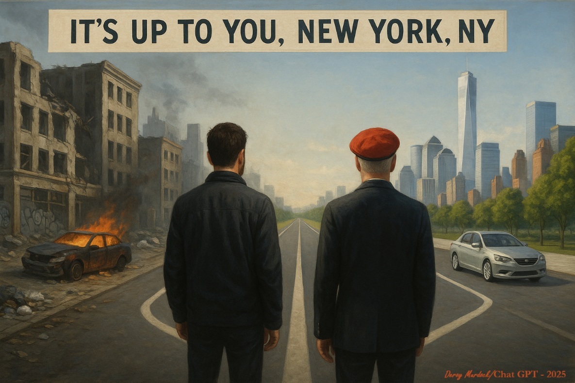 Two men facing divided city, chaos and order.