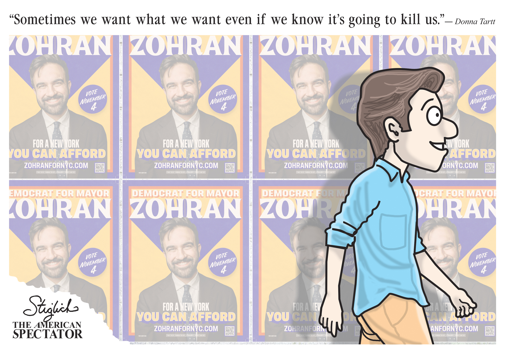 Cartoon man walking past election posters.