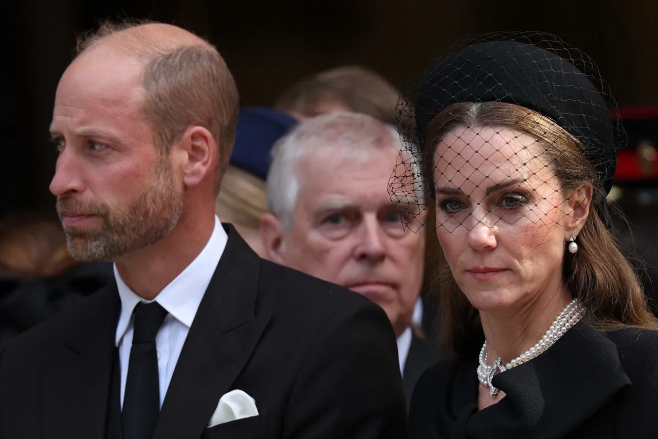 Britain's Prince William, Prince of Wales (L), Britain's Prince Andrew, Duke of York (C) and Britain's Catherine, Princess of Wales leave following a Requiem Mass, a Catholic funeral service, for the late Katharine, Duchess of Kent, at Westminster Cathedral in London on September 16, 2025. Britain's Duchess of Kent, known for her links to the Wimbledon tennis tournament and for anonymously teaching music at a primary school. The duchess, a talented pianist, organist and singer, was born Katharine Worsley into an aristocratic family in Yorkshire, northern England. (Photo by Adrian Dennis / AFP) (Photo by ADRIAN DENNIS/AFP via Getty Images)