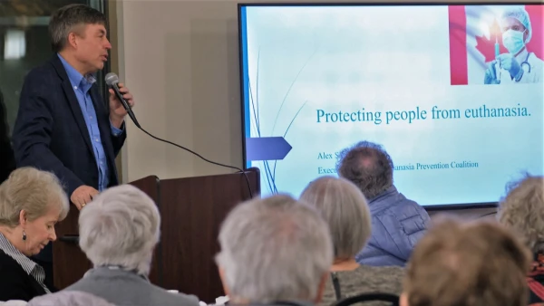 “Every time you think Canada’s MAID pandemic can’t get worse, you learn that it’s reached a new low,” said Alex Schadenberg, executive director of the Euthanasia Prevention Coalition, pictured here while giving a presentation on the subject at St. Nicholas Church in Langley, British Columbia, Canada. Credit: Nicholas Elbers