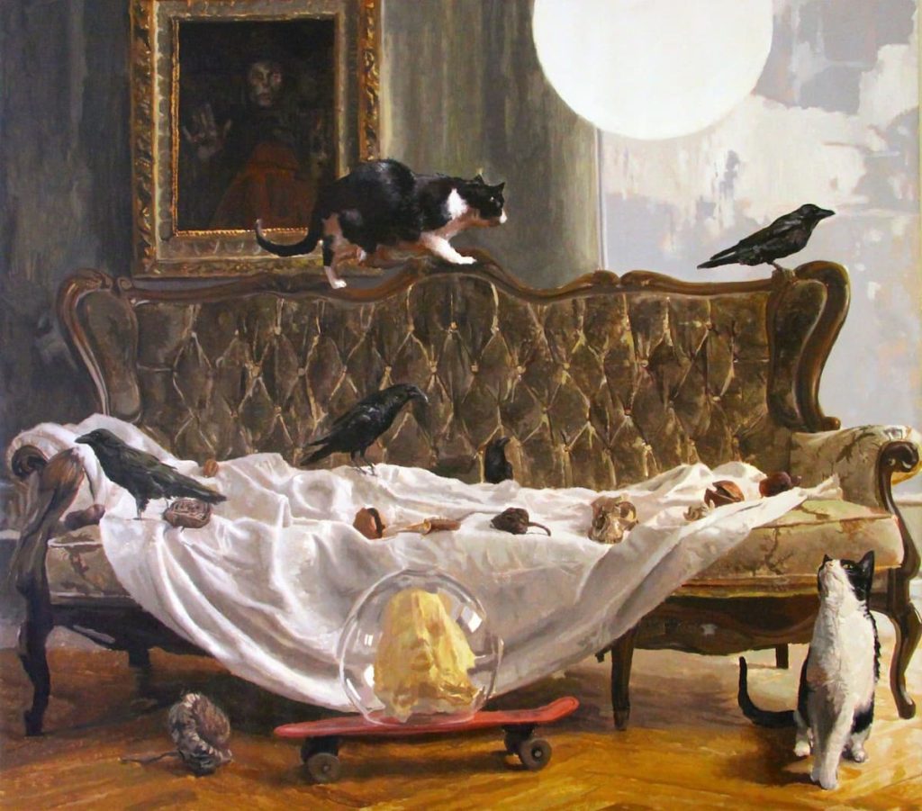 Couch with cats and crows in surreal setting.