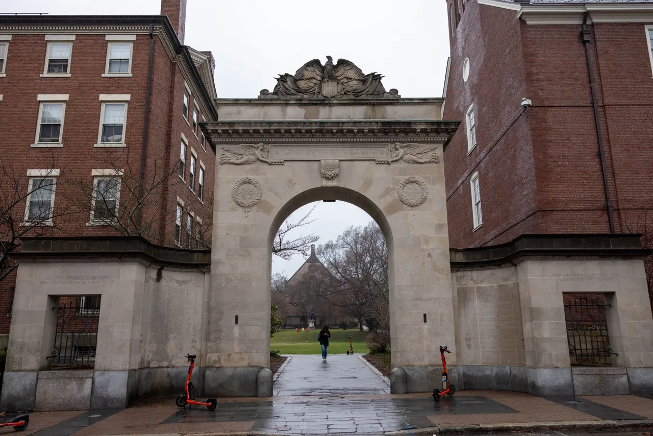 PROVIDENCE, RHODE ISLAND - MARCH 17: A gate into Brown University's campus on March 17, 2025 in Providence, Rhode Island.