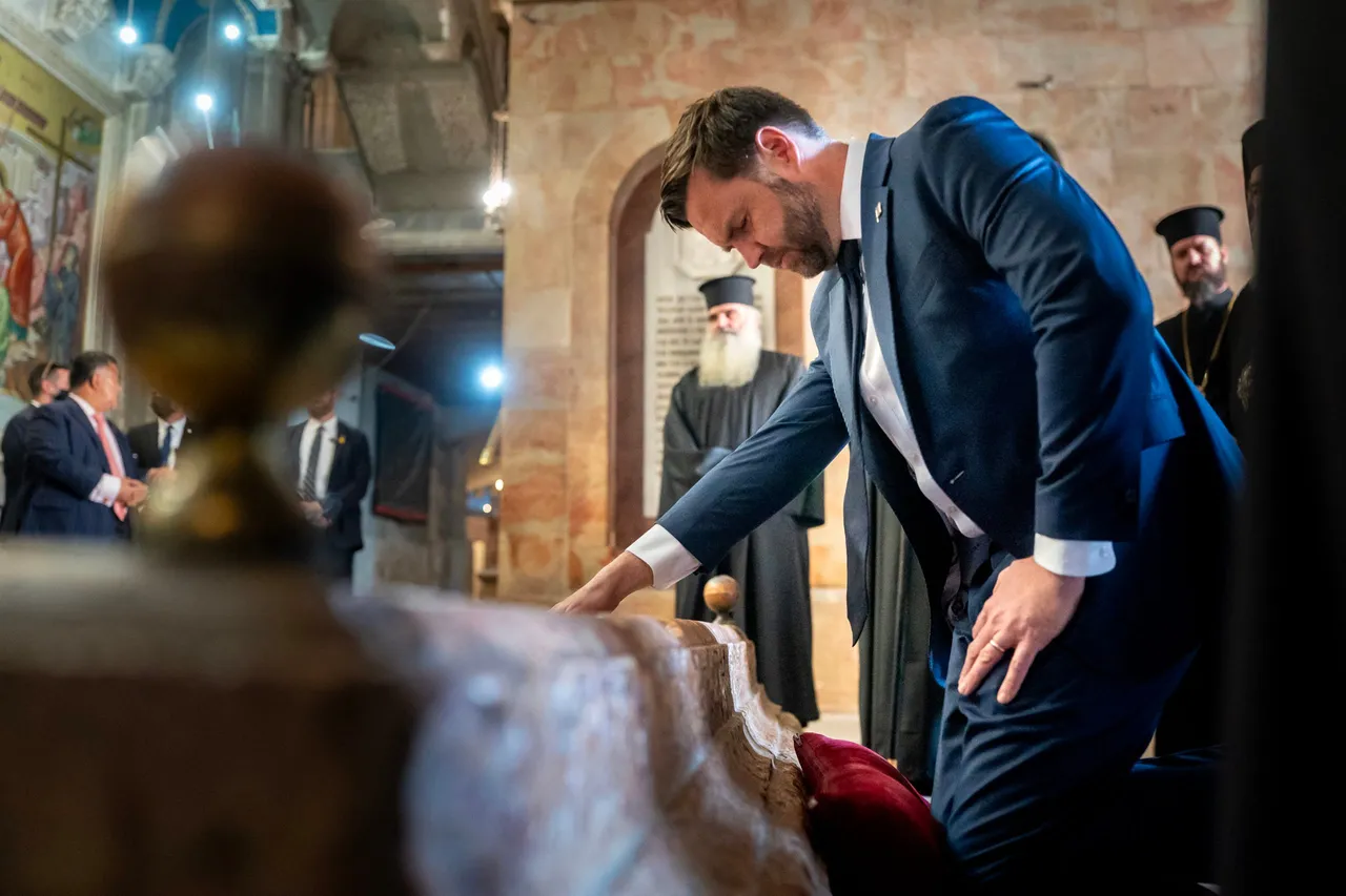 US Vice President JD Vance tours the Church of the Holy Sepulchre in the Old City of Jerusalem on October 23, 2025. Vance warned on October 22 that the United States and allies face a tough task disarming Hamas and building a peaceful future for Gaza, as Washington sought to reassure Israel over the next steps in its ambitious ceasefire deal. (Photo by NATHAN HOWARD/POOL/AFP via Getty Images)