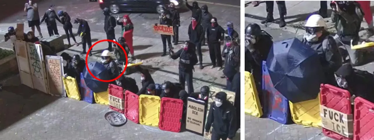 Leftist rioter Eli McKenzie joins others in forming a blockade on the driveway of an immigration facility in Portland, Oregon, on June 16, 2025. (Image courtesy of the Department of Justice)