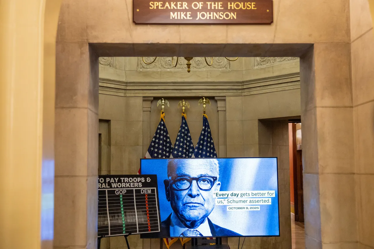 WASHINGTON, DC - OCTOBER 21: Signage and a TV is on display in the hallway of U.S. Speaker of the House Mike Johnson's office at the US Capitol on October 21, 2025 in Washington, DC. The government remains shut down after Congress failed to reach a funding deal 21 days ago. (Photo by Tasos Katopodis/Getty Images)