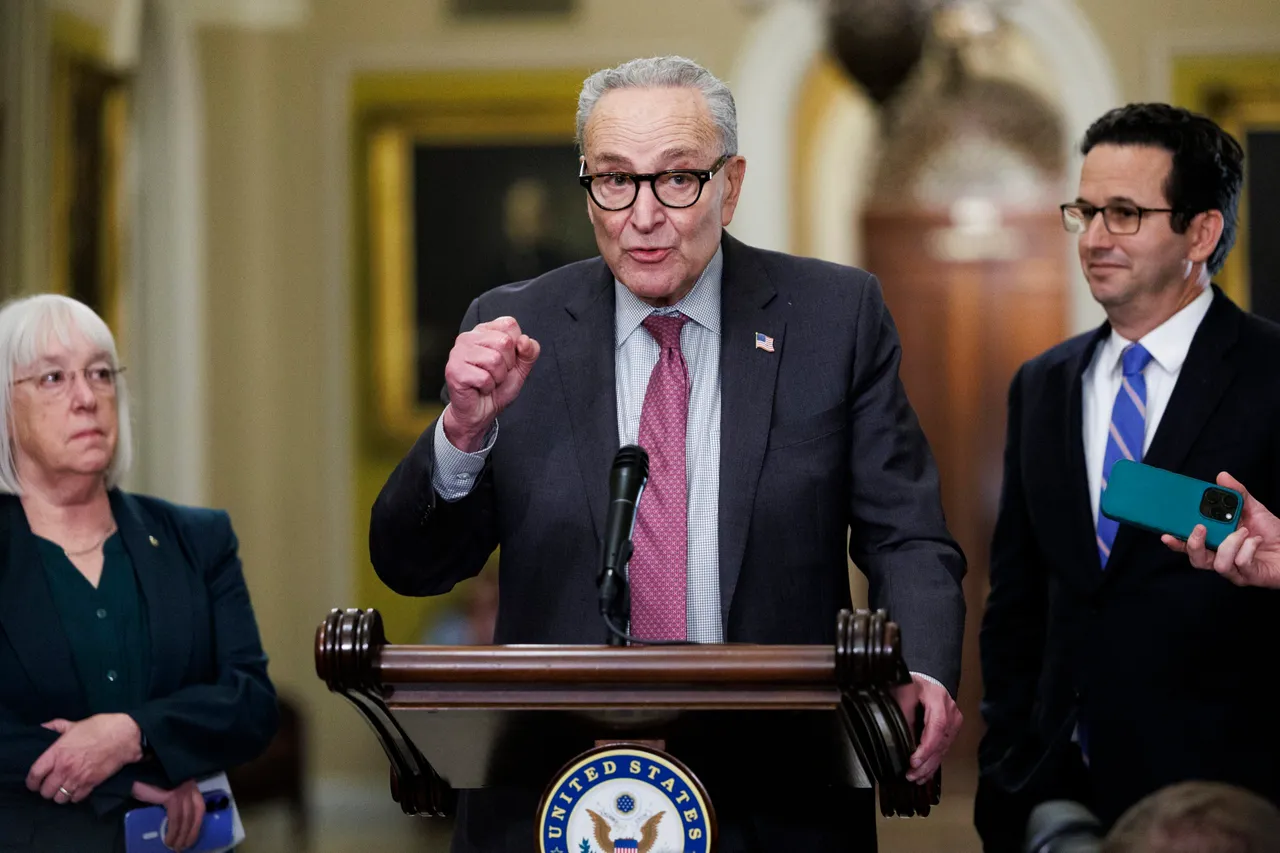 Senate Minority Leader Chuck Schumer, flanked by Senators Patty Murray and Brian Schatz speaks to reporters at the Weekly Senate Policy Luncheon news conference on November 4, 2025 on Capitol Hill in Washington, DC