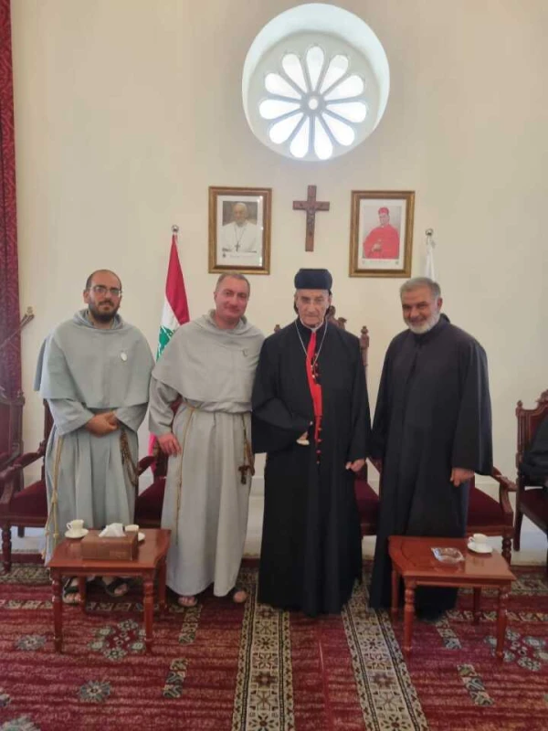 Father Charbel Boustany, FFI (left); Maronite Patriarch Bechara Boutros Raï of Antioch (third from left). Members of the Lebanese Catholic diaspora are anticipating Pope Leo XIV’s three-day visit to Lebanon, taking place from Nov. 30 to Dec. 2, 2025. Credit: Photo courtesy of Father Charbel Boustany