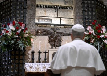 Pope Leo XIV prays at tomb of St. Francis of Assisi