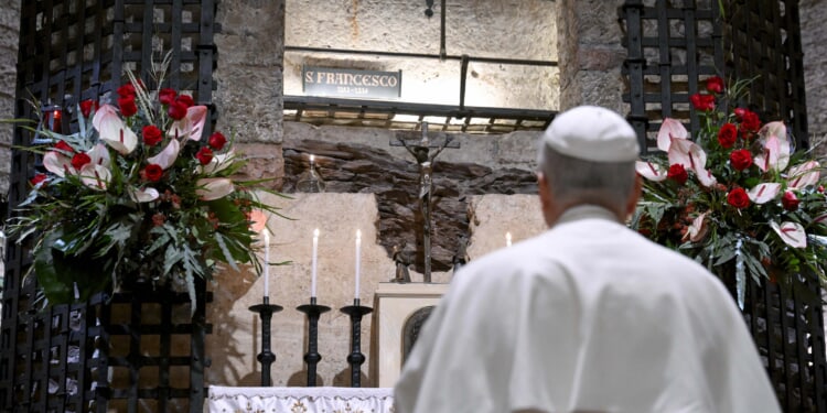 Pope Leo XIV prays at tomb of St. Francis of Assisi