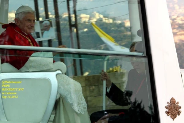 Pope Benedict XVI arrives in Lebanon Sept. 14, 2012, for a three-day visit. Credit: Philippe Abou Zeid via Elie Baroud