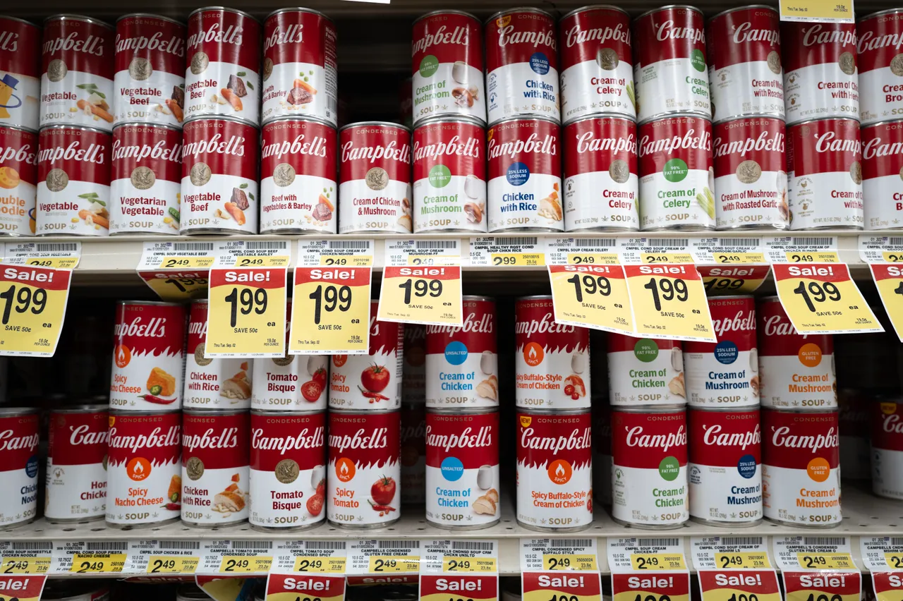 CHICAGO, ILLINOIS - JUNE 02: Cans of soup produced by The Campbell's Company are offered for sale at a grocery store on June 02, 2025 in Chicago, Illinois. During their earnings report today, Campbell's reported strong sales among their meals and beverages unit, but their snacks business dropped by 5 percent. (Photo by Scott Olson/Getty Images)