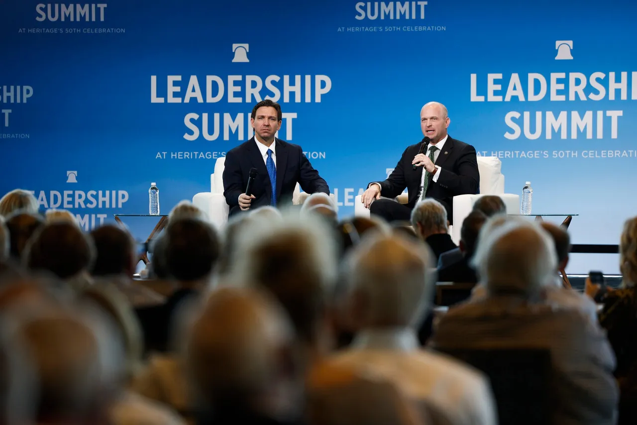Florida Gov. Ron DeSantis speaks alongside Heritage Foundation president Kevin Roberts during the foundation's 50th Anniversary Leadership Summit at the Gaylord National Resort & Convention Center on April 21, 2023 in National Harbor, Maryland. During his remarks DeSantis spoke on policy and social issues his administration has taken on in the state of Florida including education in schools, funding law enforcement, and gun legislation. (Photo by Anna Moneymaker/Getty Images)