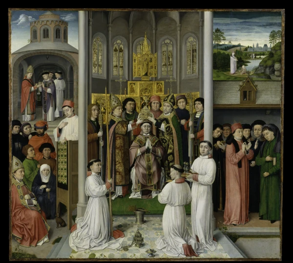 Scenes from the life of St. Augustine of Hippo, 1490, Bruges, Belgium, by the unnamed master of St. Augustine, amplifies the Church’s leading theologian on the allegorical interpretation of Psalms. At center, his installation as bishop of Hippo highlights his teaching authority, flanked by scenes of ordination and preaching on the left. On the right, he engages in scholarly discourse and converses with a child trying to pour the sea into a hole in the sand, illustrating the importance of allegory in Augustinian thought. Credit: Courtesy of the New York Public Library
